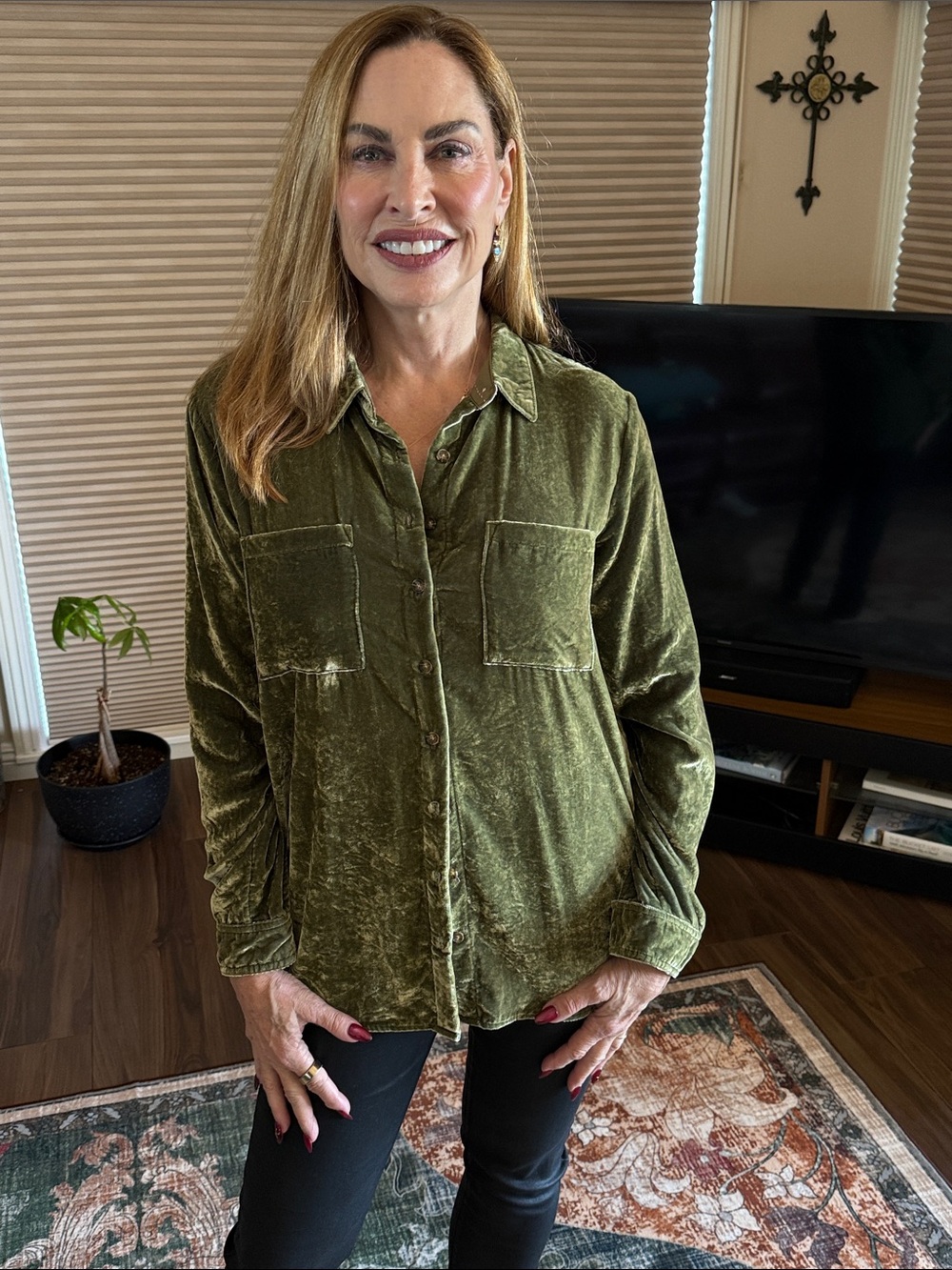 Maeve Olive Green Velvet Button-Down Shirt